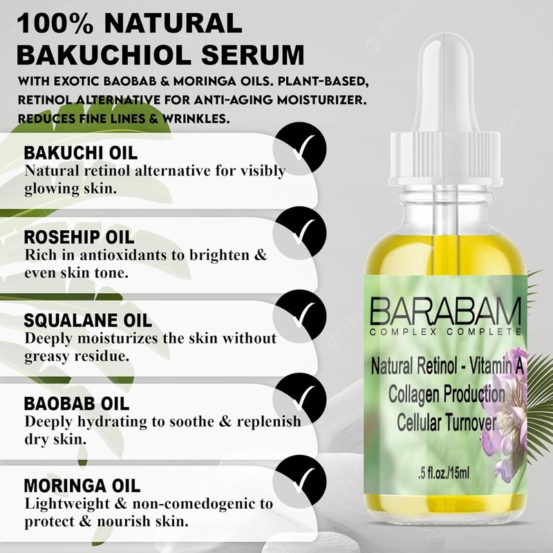 Organic Bakuchiol Face Serum - Natural Retinol Alternative with Squalane & Moringa Oil | Anti-Aging Moisturizer for Sensitive Skin