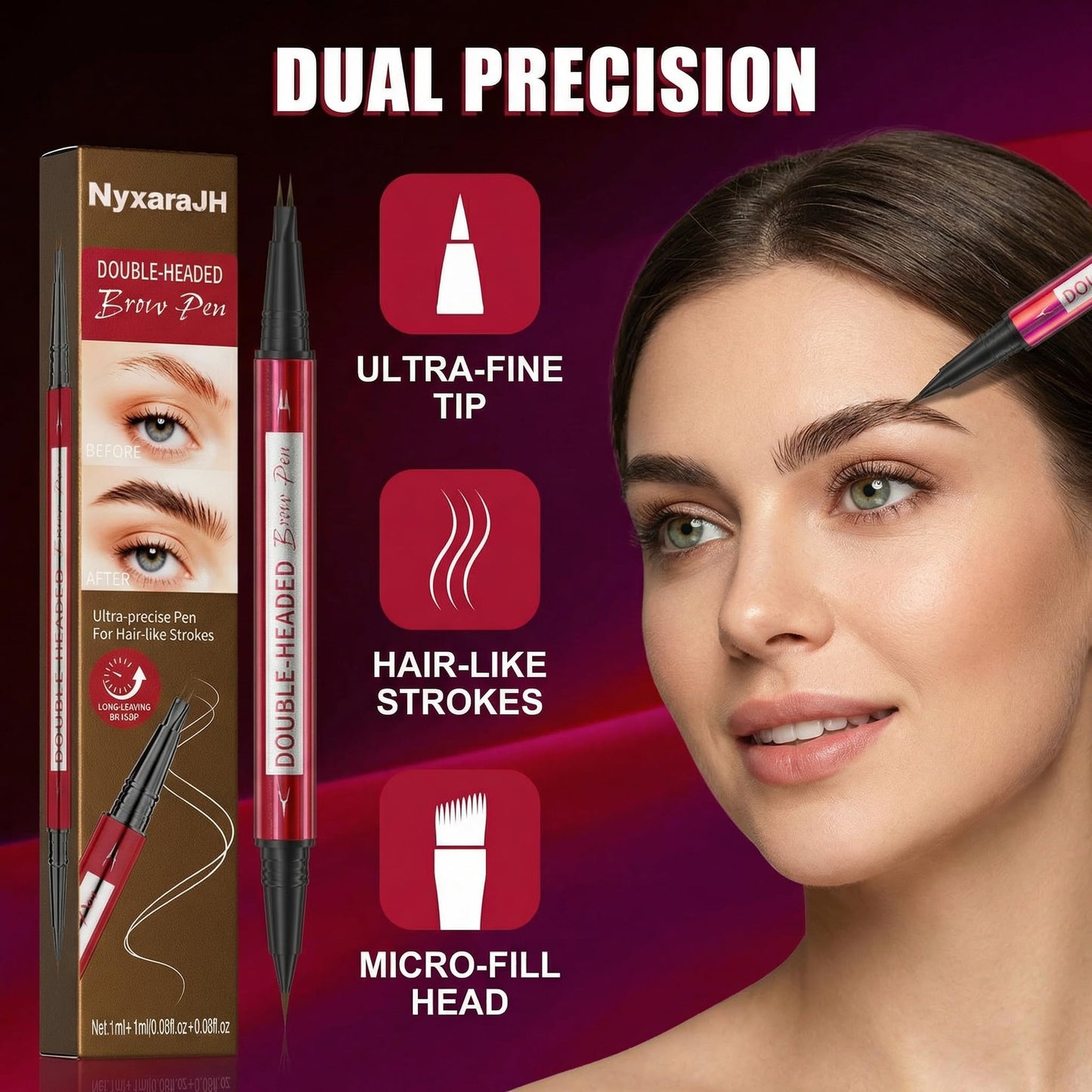 NyxaraJH Double-Headed Eyebrow Pen, Ultra-Precise Hair-Like Strokes, Long-Lasting Makeup, 0.03mm Precision Nibs, Available in Light Brown, Brown, Dark Brown, Black Brown, Black (4#Black Brown)