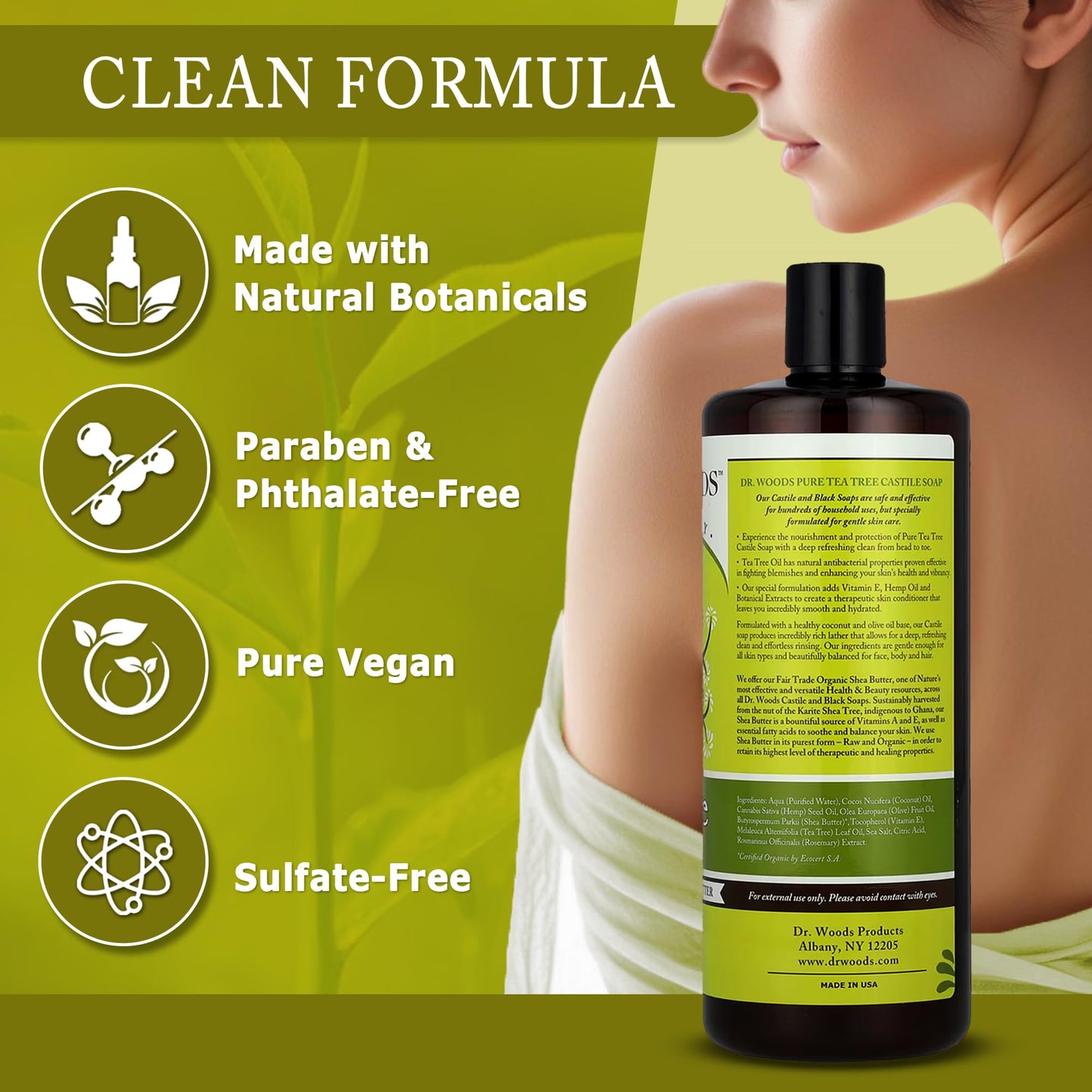 Dr. Woods Tea Tree Liquid Castile Soap - Castile Soap with Pure Tea Tree Oil, Body Wash for Men and Women, Contains Organic Shea Butter, Natural Cleaner for Face, Hands, and Body - 32 Fl Oz