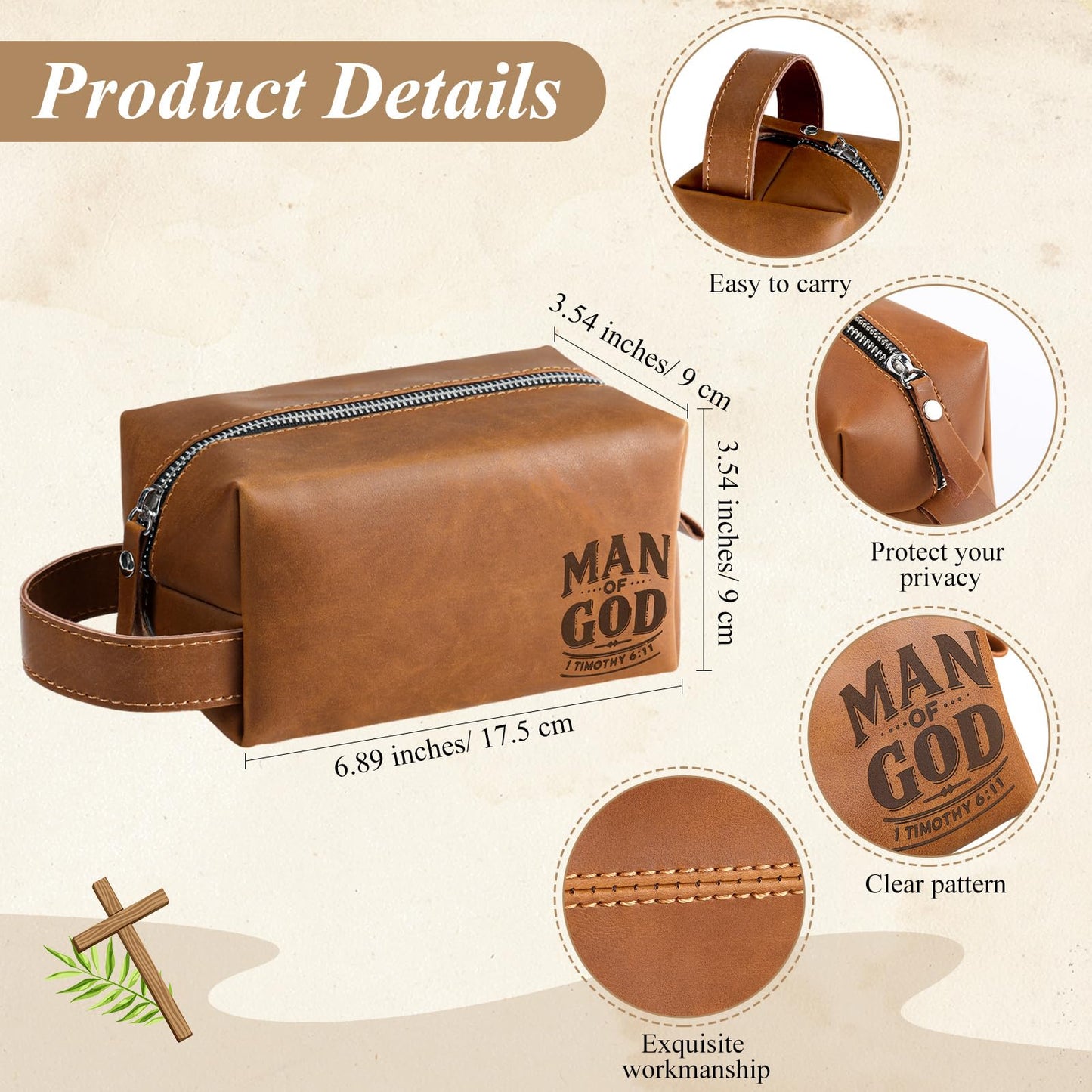 Shinylin 3 Pcs Father's Day Man of God Gifts for Men Christian 11.2oz Inspirational Coffee Mug Religious Bible Verse Leather Toiletry Bag Scripture Keychain for Dad Pastors Church Gift(Classic Color)
