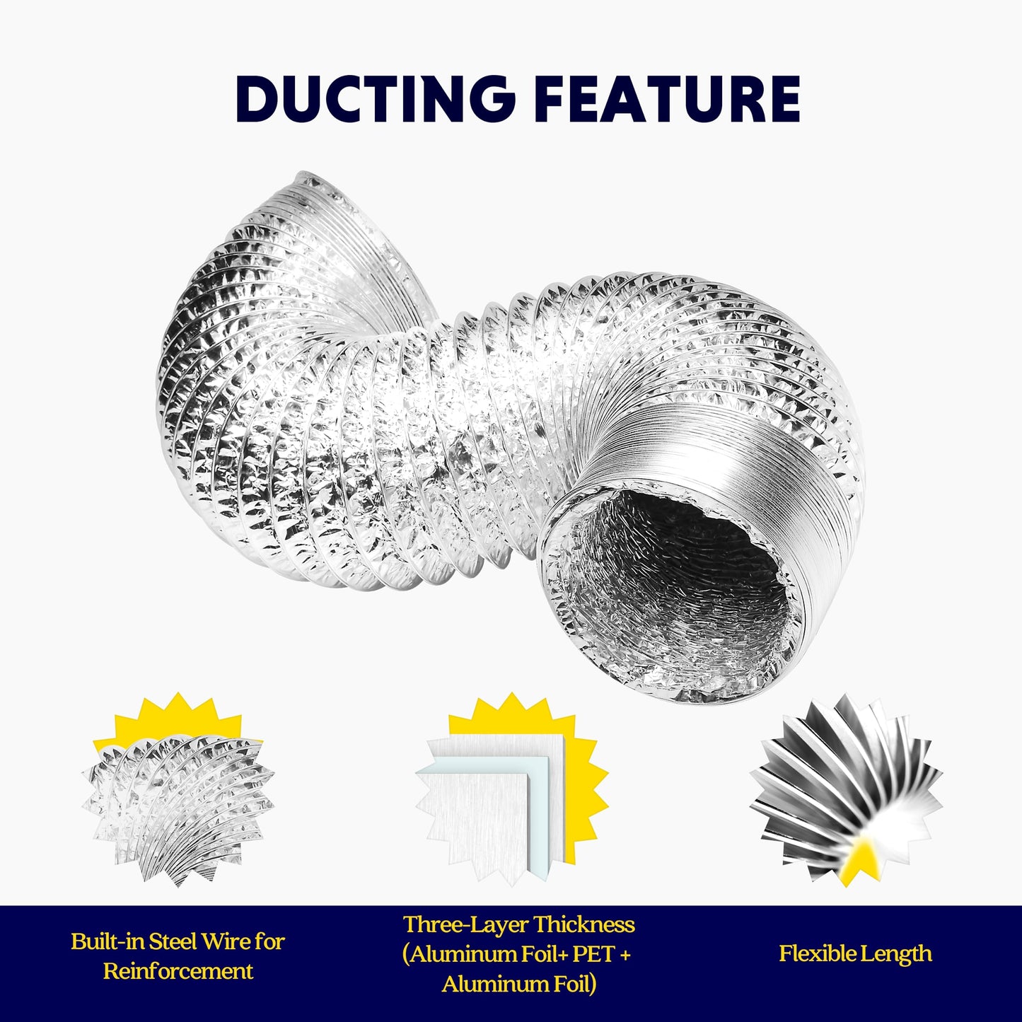 iPower GLDUCT4X8C 4 inch 8 feet Non-Insulated Flex Air Aluminum Foil Ducting Dryer Vent Hose for HVAC Ventilation with 2 Clamps, 4'' X 8', Silver