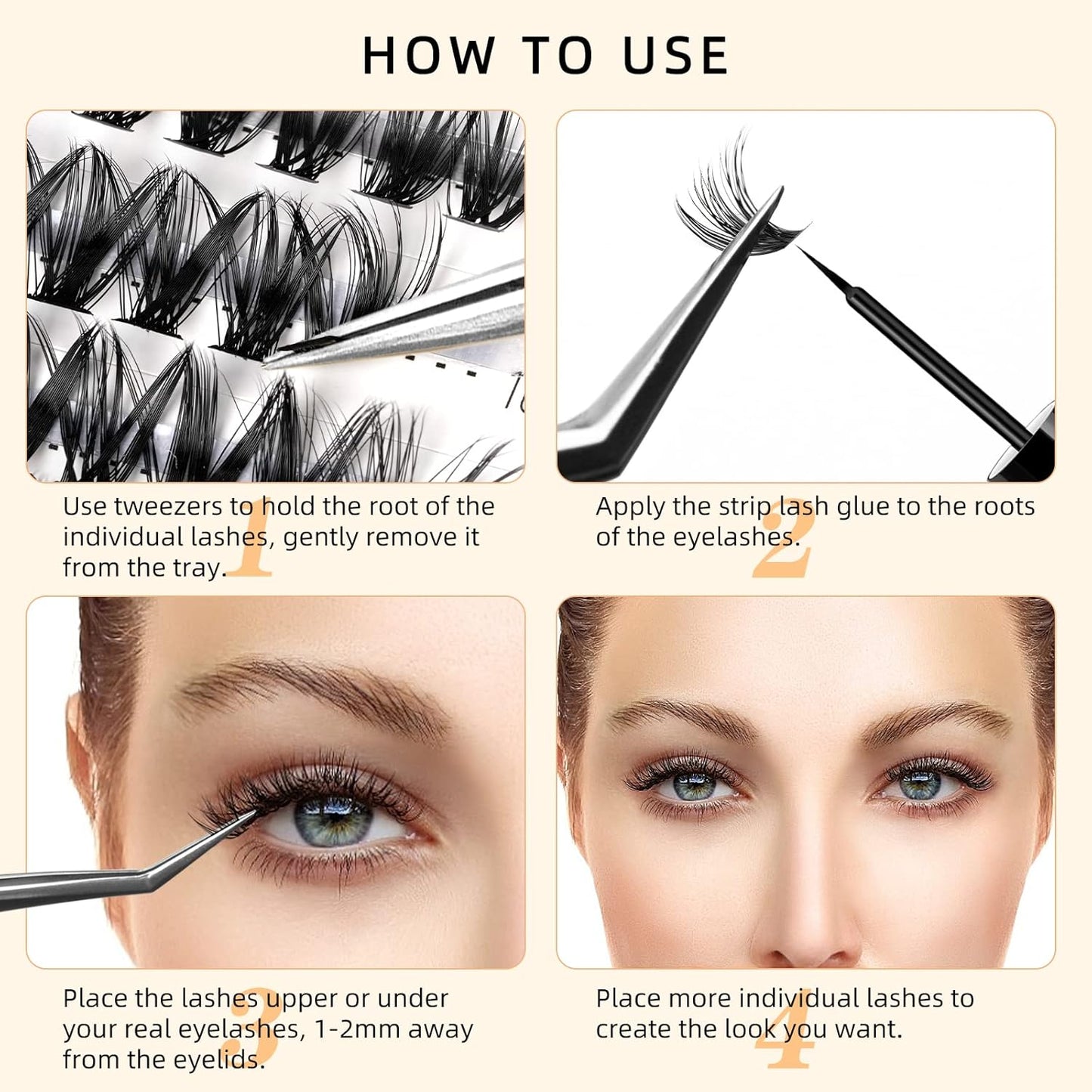 QUEWEL Cluster Lashes - 240 Pcs Individual 40D 0.07D Curl Mix 8-14mm Soft & Natural Eyelash Extensions for DIY Home Use