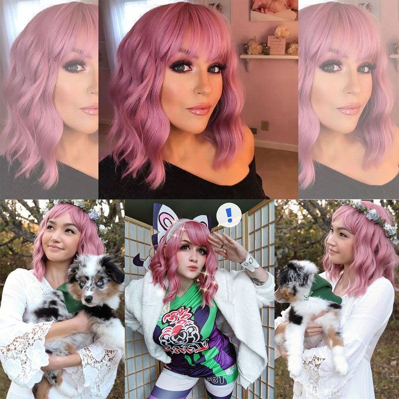 VCKOVCKO Pink Wavy Wig With Air Bangs Gift for Lady and Girls Women's Short Wigs Curly Wavy Shoulder Length Synthetic Wig for Women Daily Use Colorful Wigs(12", Purple Pink)