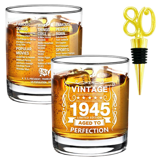 Old Fashioned Glasses-1945-Vintage 1945 old time information 10.25oz Whiskey Rocks Glass -80th Birthday Aged to Perfection - 80 years old gifts Bourbon Scotch Lowball Old Fashioned-1PCS