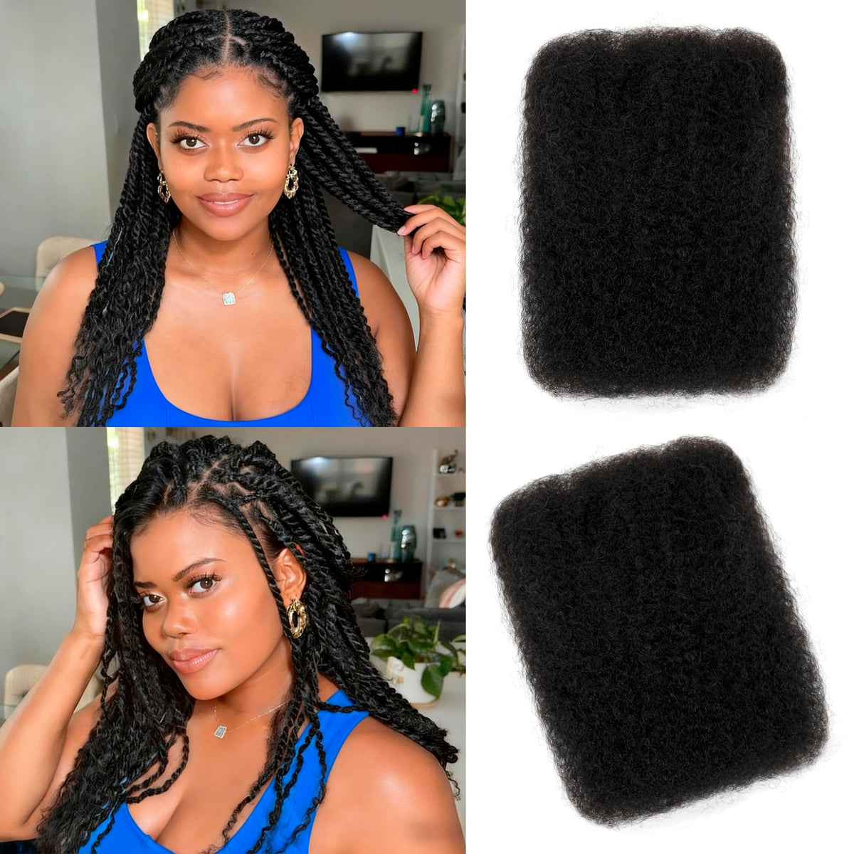 Mibeke Afro Kinky Bulk Human Hair, 4C Afro Kinky-Curly Bulk Human Hair for Twist Mini Twists Braiding and Dreadlock Extensions 50g/Pack (1B, 16 Inch)
