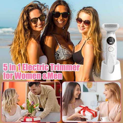 5 in 1 Bikini Trimmer for Women, Electric Razors for Women Pubic Hair Trimmer Waterproof Facial Hair Removal Cordless Electric Bikini Shaver with USB Charge Dock