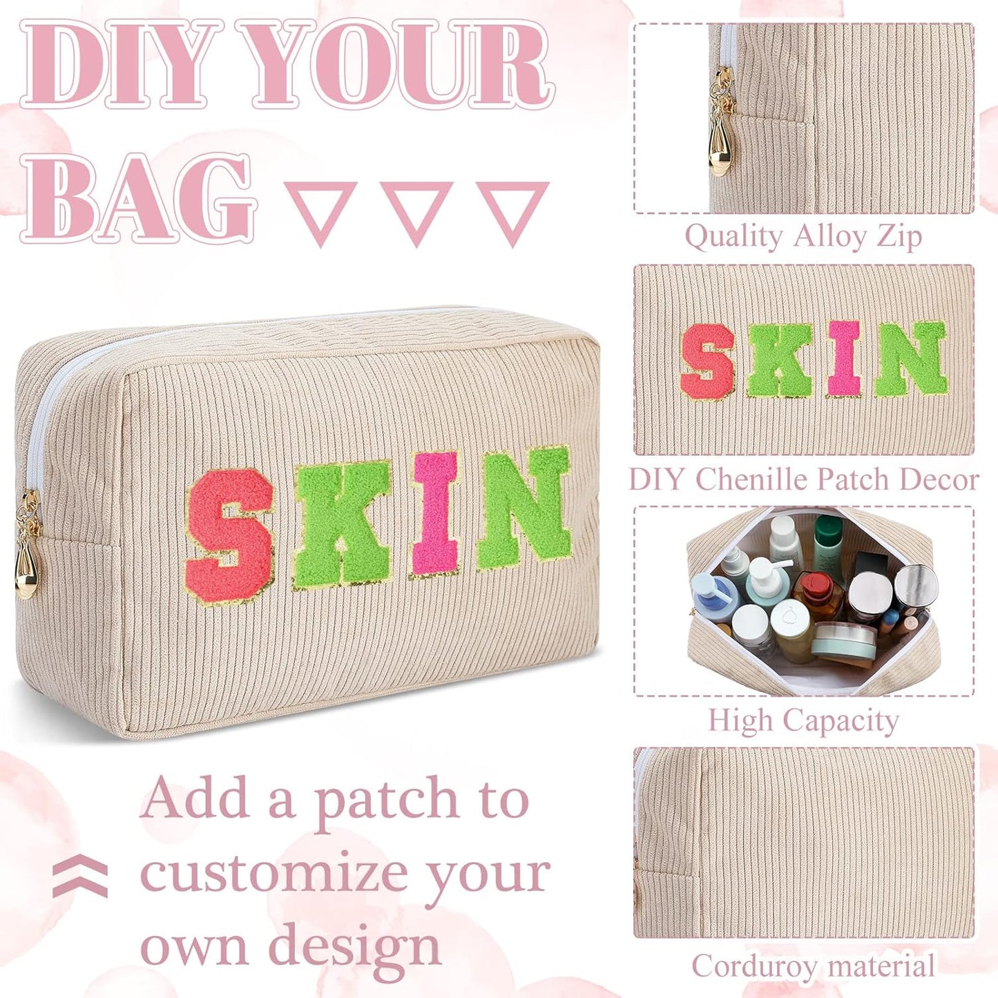 Amylove 12 Pcs Corduroy Makeup Bags - Large Capacity Portable Cosmetic Pouches | Beige & Pink Travel Organizers for Women