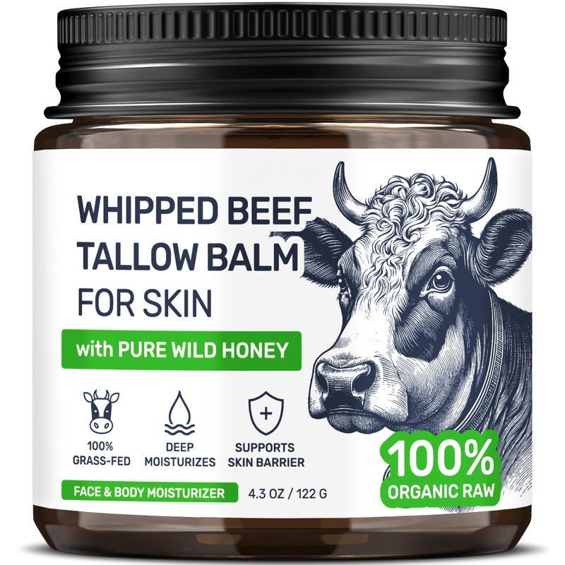 Beef Tallow for Skin - Grass Fed Whipped Tallow and Honey Balm for Face, 3-Ingredient Fragrance Free Beef Tallow for Face and Body with Beeswax - Moisturizer for Dry Sensitive Skin, 4.3 oz