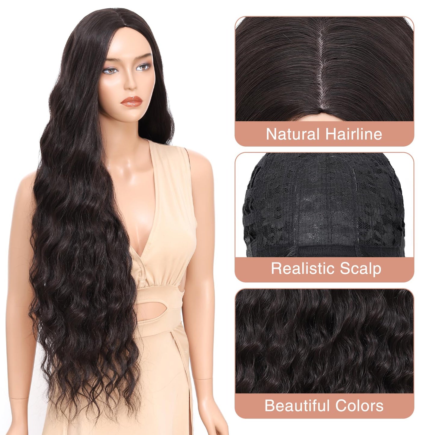 Atohallan Long Dark Brown Wig for Women 36 inch Super Long Water Wavy Wigs Heat Resistant Synthetic Soft Wavy Fluffy Curly Wig for Daily Party Use Halloween Wig