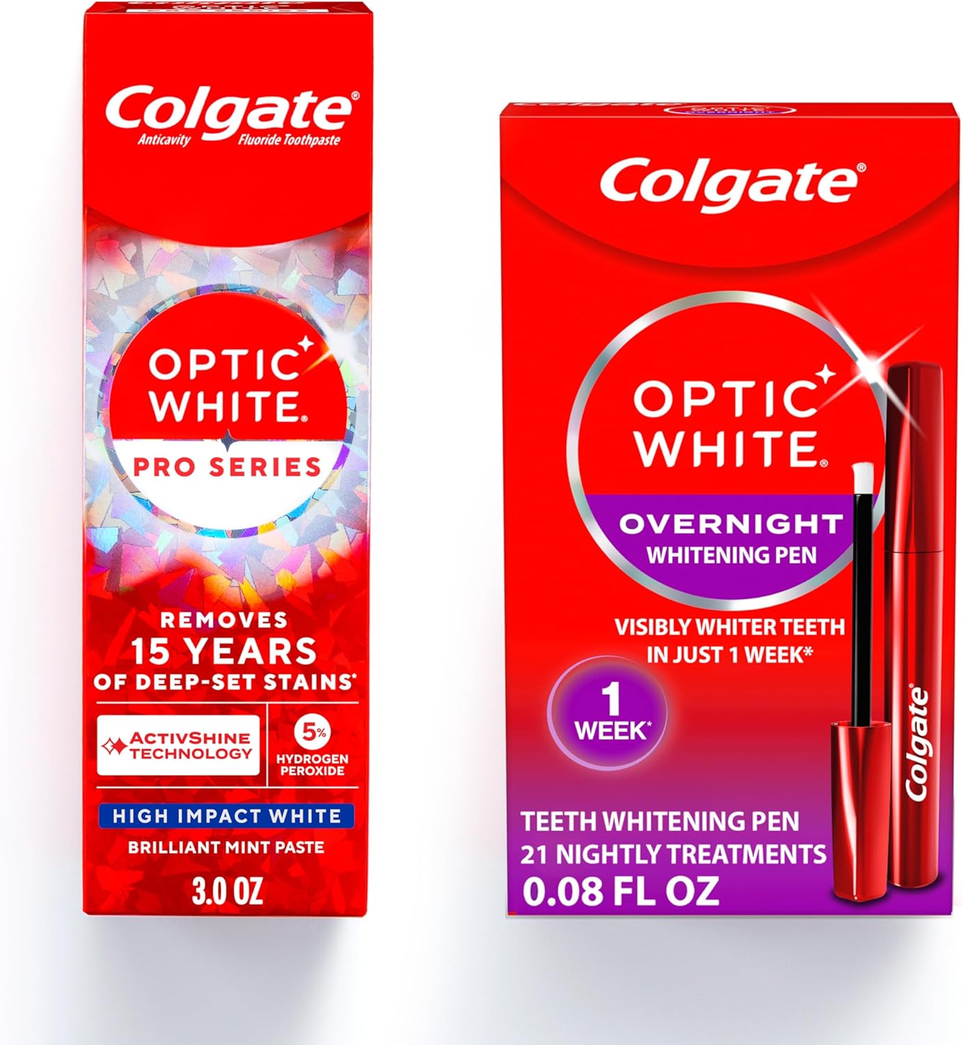Colgate Optic White Teeth Whitening Kit - Overnight Whitening Pen & Pro Series Toothpaste | 21 Treatments, No Sensitivity