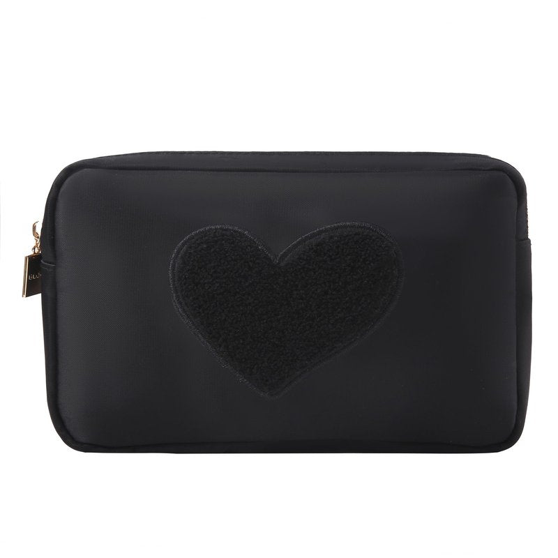 BLOC Bags Travel Makeup Bag, Cosmetic Bags for Women, Medium Cute Toiletry Bag, Make up Bag, Beauty Bag with Chenille Patch and Top Zipper, Inside Zipper Pouch and Mesh Pockets (Black Heart, Black)