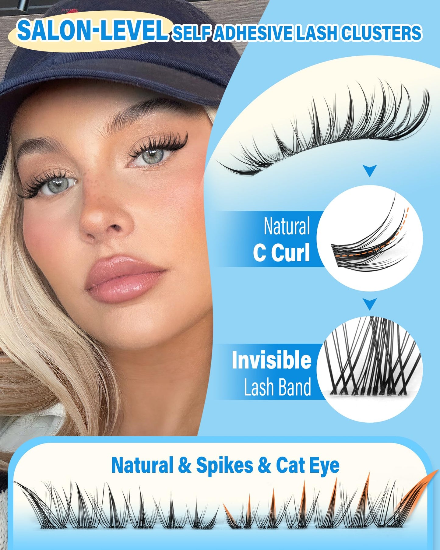 Cat Eye Self Adhesive Eyelash Natural Self Adhesive Lash Clusters Wispy Pre-Mapped No Glue Lash Clusters C-Curly Fox Eye Pre Glued Eyelashes Clusters 8-18MM by Zegaine