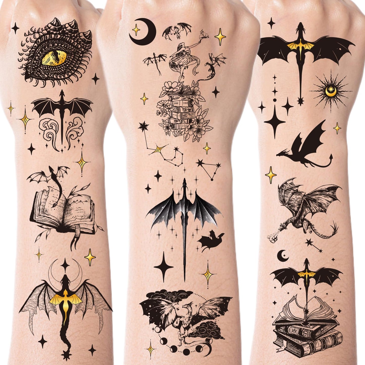 Black Wings Dragon Temporary Tattoos - 200+ Dragon Birthday Party Decorations Favors Supplies Dark Mysterious Ancient Animals Tattoo Stickers for Kids Boys Girls Dragons Goodie Bags Fillers Gifts