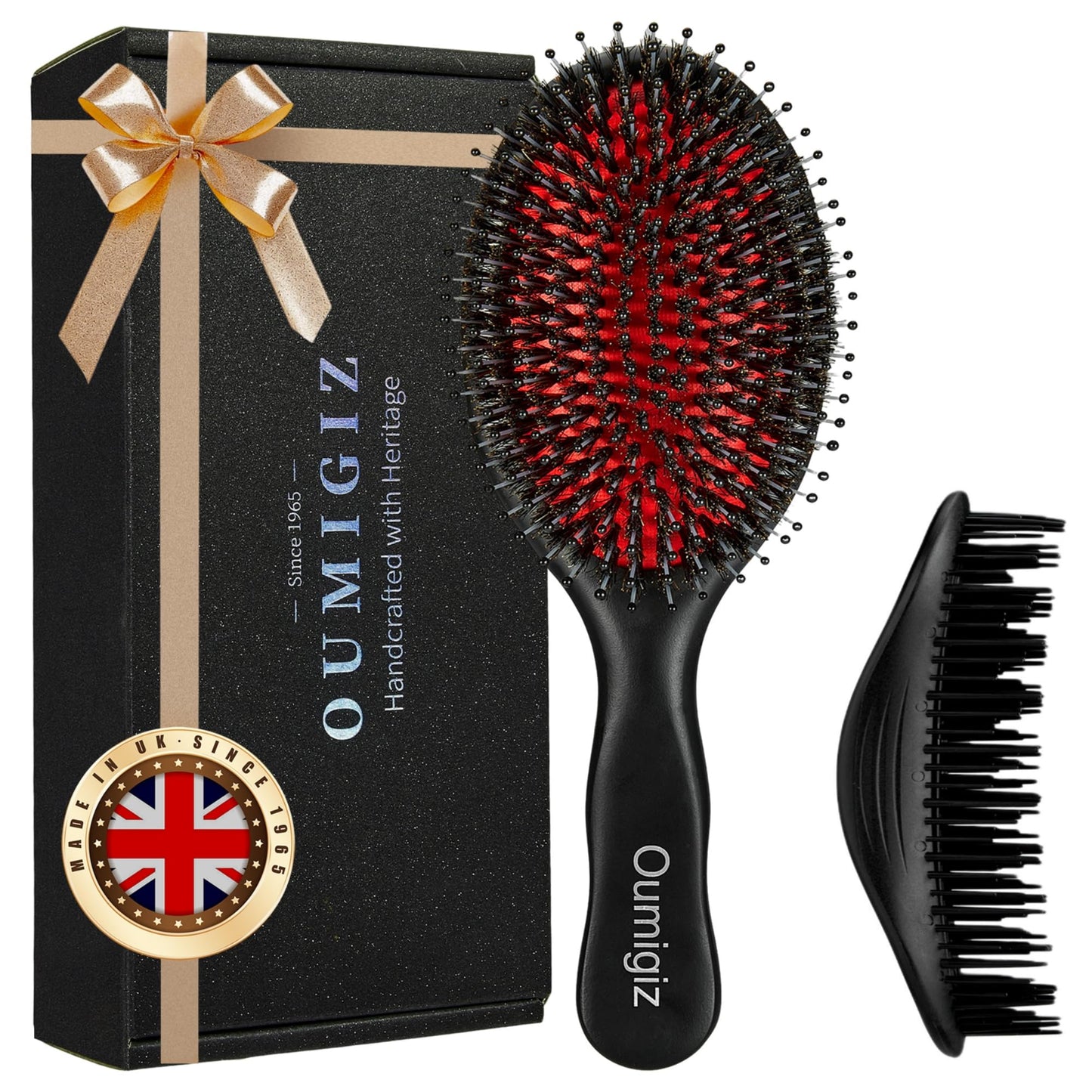 OUMIGIZ Boar Bristle Hair Brush Since 1965 British Craftsmanship, Handmade Natural Wood Slick Back Hairbrush, Gentle Detangling Smoothing Women Men Kids Curly Thick, Fine Hair