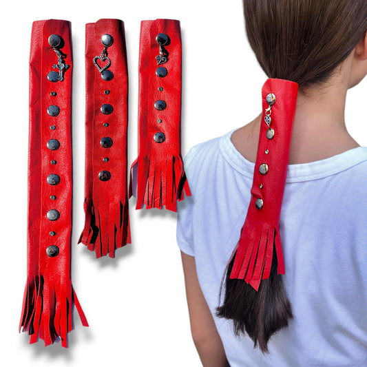 RED Leather Hair Wrap w/Snaps 8" inch - Colorful Handmade Ponytail Sleeve & Long Hair Protector Saver | Colorful Womens Motorcycle Helmet Hair Accessory USA MADE (8 inch, Solid Red)