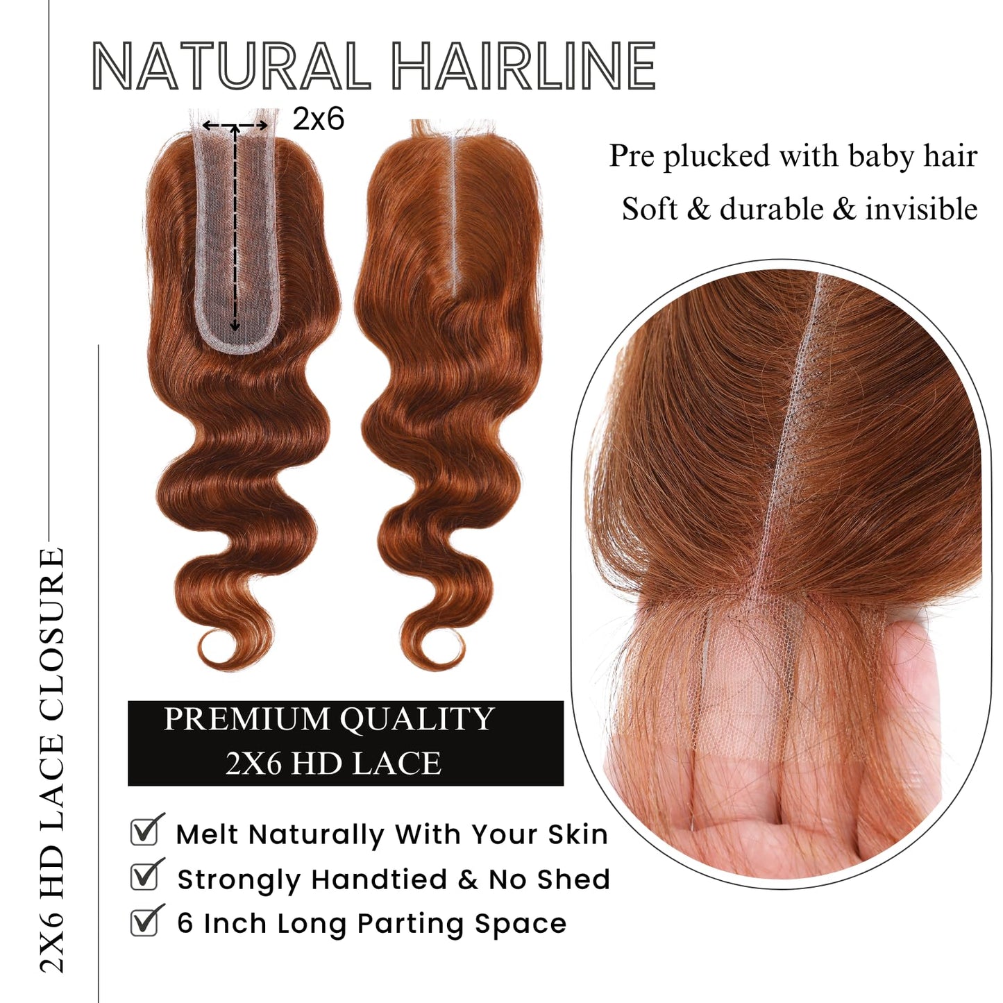ALHER 33 Reddish Brown Body Wave Long Deep Part 2x6 Lace Closure, Copper Brown Colored 2x6 Kim K Closure Pre Plucked with Baby Hair, 12A 100% Brazilian Virgin Remy Human Hair for Black Women 14 Inch