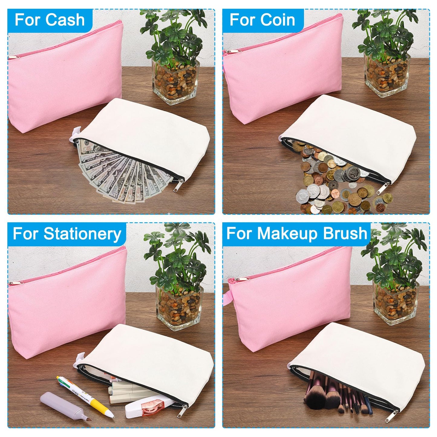 PATIKIL 12.2 x 7.5 Canvas Makeup Bags with Strap, 5 Pack Pencil Multipurpose Cosmetic Zipper Bag Case Travel Toiletry Storage Pouch Organizer for Home Office, Black