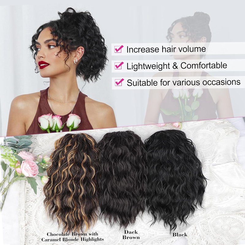 Black Ponytail Extension - 14 Inch Drawstring Synthetic Curly Wavy Clip-In Hairpiece | Perfect for Daily Wear & Halloween