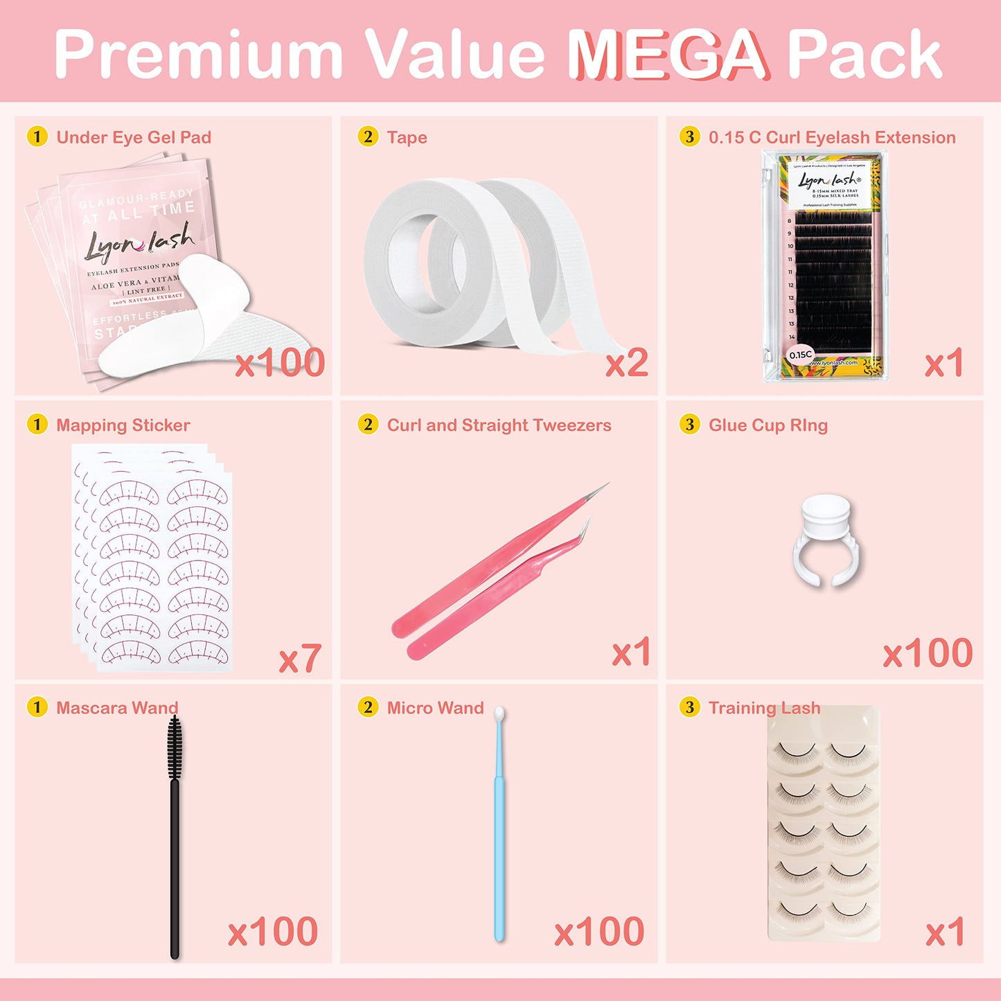 Lyon Lash Eyelash Extension Supplies 4x100 Packs - 100 Pairs Under Eye Gel Pads | 100 Disposable Mascara Brushes Wands | 100 Micro Applicators Brush | 100 Glue Ring Holder | 2 Medical Tapes