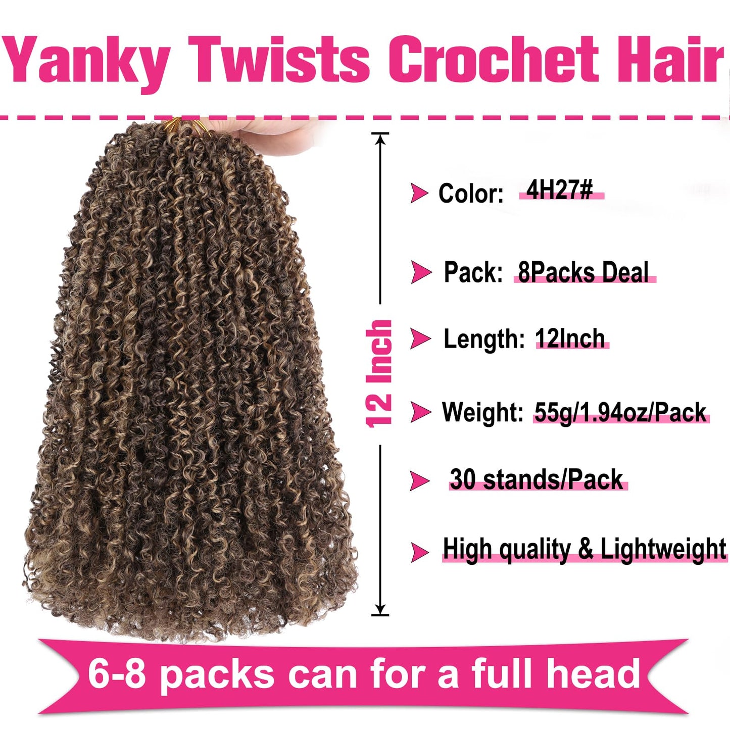 Unionbeauty 12 Inch Pre-twisted Yanky Twist Crochet Hair 8 Packs Pre-Looped Passion Twist Crochet Braids Hair with Curly Mix Brown and Blonde Micro Spring Twist Synthetic Crochet Hair Extensions 4/27#