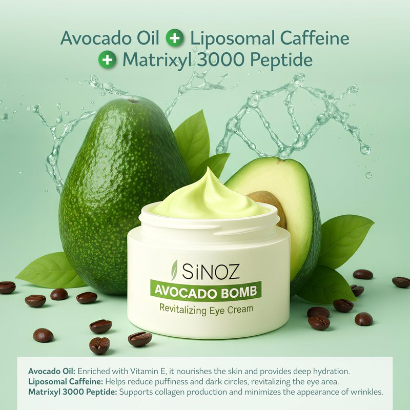 sinoz Hydrating Eye Cream with Avocado Oil, Caffeine & Peptides, 15 ml - Avocado Eye Cream, Dark Circles Eye Cream for Puffiness & Dry Under Eyes, Day and Night Skincare for Women