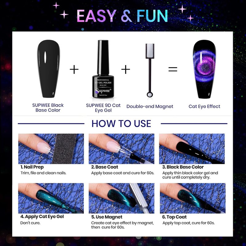 Cat Eye Gel Nail Polish Set - 12 Colors 9D Magnetic Nail Art | DIY Home Manicure Kit with Black Gel & Lamp