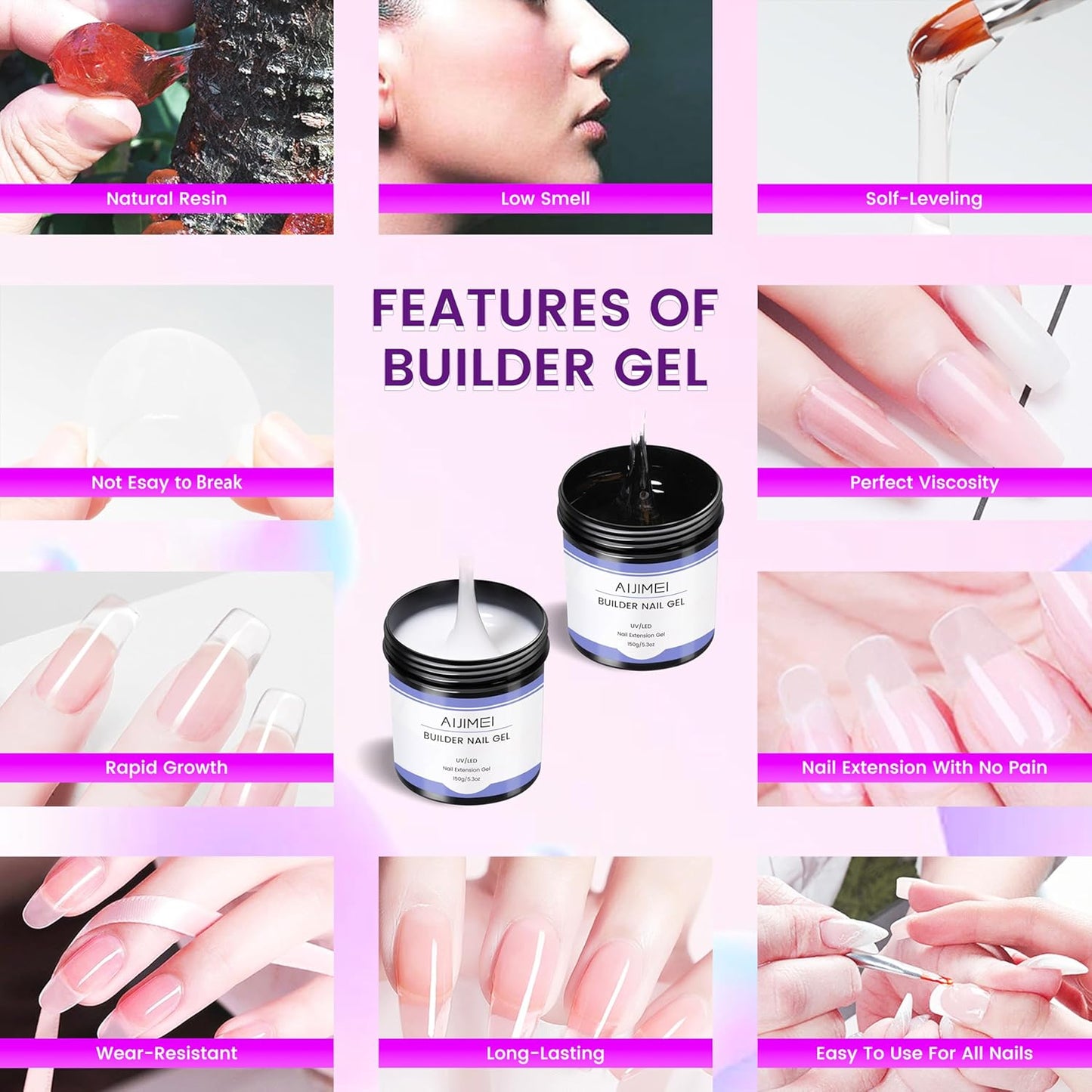 Nail Builder Gel Kit - 5oz Hard Nail Gel for Art & Extensions | Clear & White Colors
