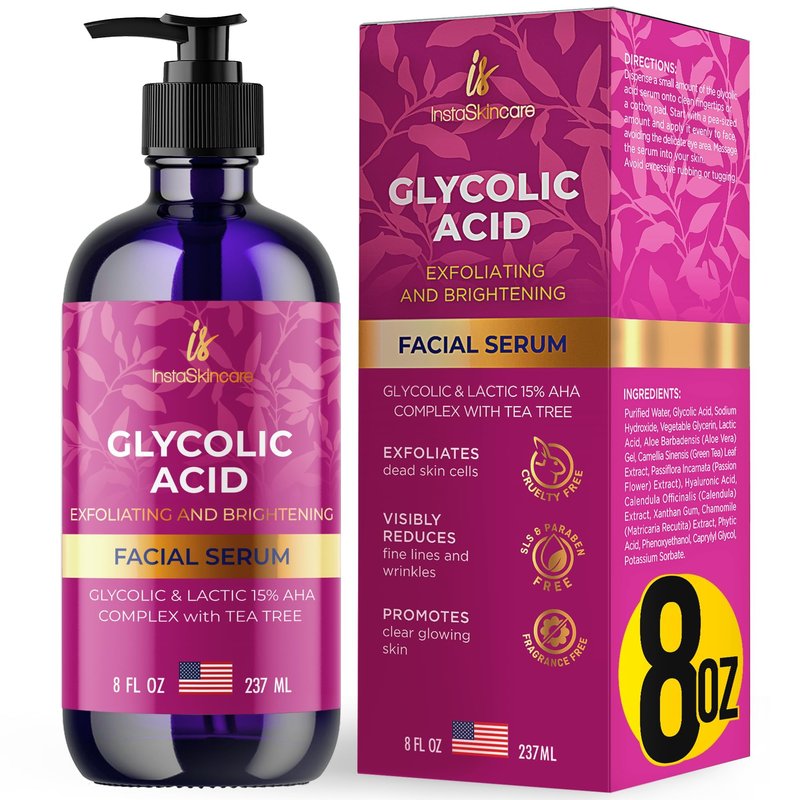 InstaSkincare Glycolic Acid Serum for Face 15% Strength - Extra Large Size (8Oz) - Advanced Formula for Enhancing Skin Radiance, Texture Improvement, Addressing Uneven Tone & Fine Lines