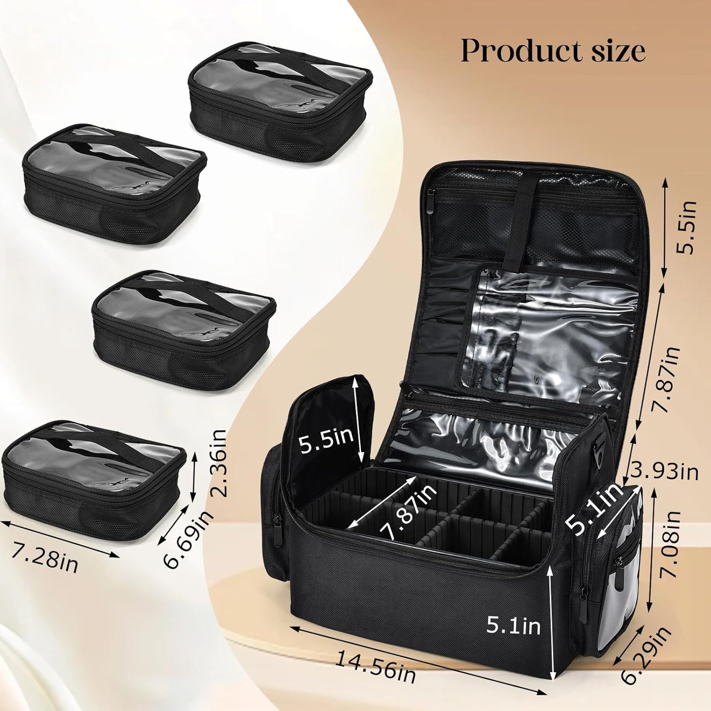 Professional Makeup Bag - Large Cosmetic Organizer with Brush Holder & 4 Clear Bags | Travel Storage with Shoulder Strap & Dividers