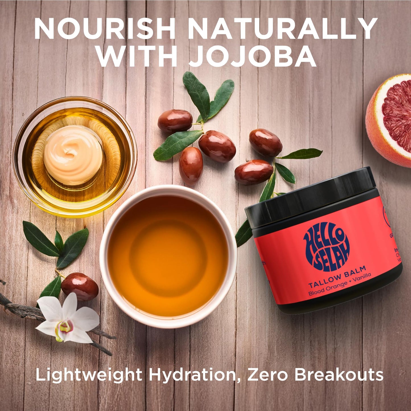 Hello Selah Blood Orange + Vanilla Tallow Balm – Luxurious Moisturizer for Soft, Glowing Skin | 100% Grass-Fed, Organic Face & Body Balm | Uplifting Citrus-Vanilla Aroma, Non-Toxic (Made in the USA)