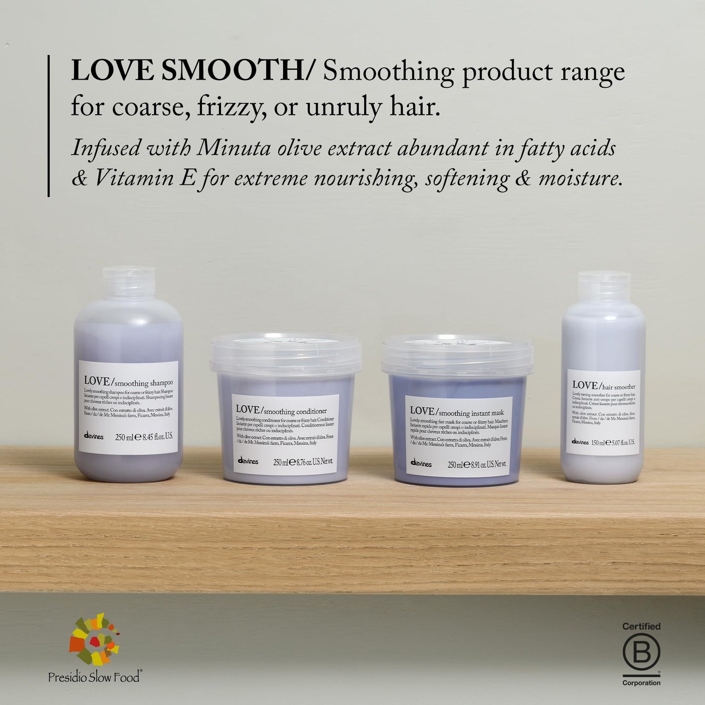 Davines LOVE Smoothing Shampoo, Taming Anti-Frizz Gentle Cleansing Action for Wavy, Unruly, Coarse Hair - Gives Shine, Elasticity, Softness, and a Sleek Smooth Look with Olive Extract, 8.45 Fl Oz