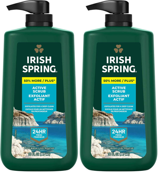 Irish Spring Active Scrub Moisturizing Face and Body Wash, 30 oz Pump Bottle (Pack of 2)