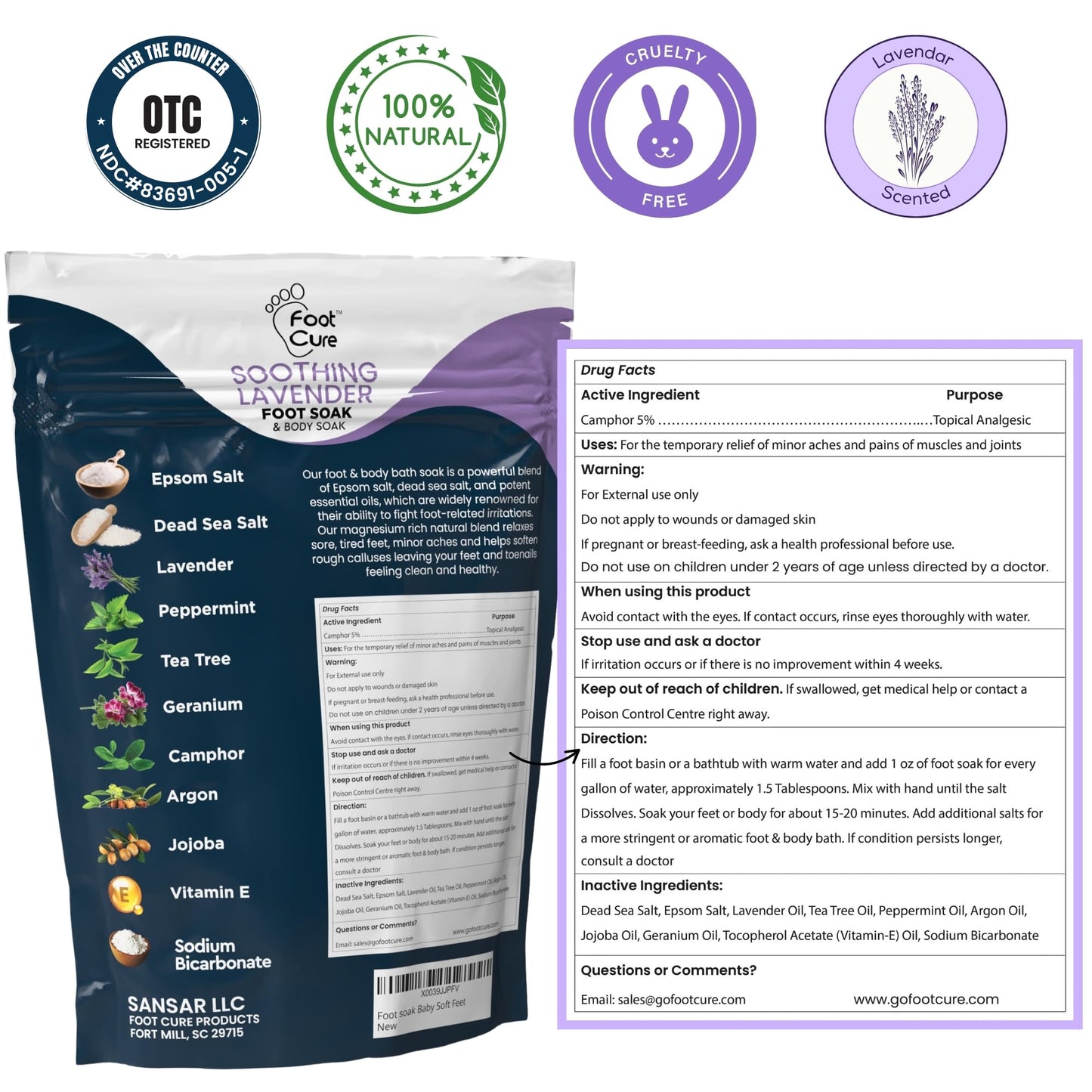 FOOT CURE Tea Tree Oil & Soothing Lavender Foot Soak with Epsom Salt - Best Toenail Treatment & Softens Calluses - Soothes Sore & Tired Feet, Foot Odor Scent, Spa Pedicure - 16 oz (Pack of 2)
