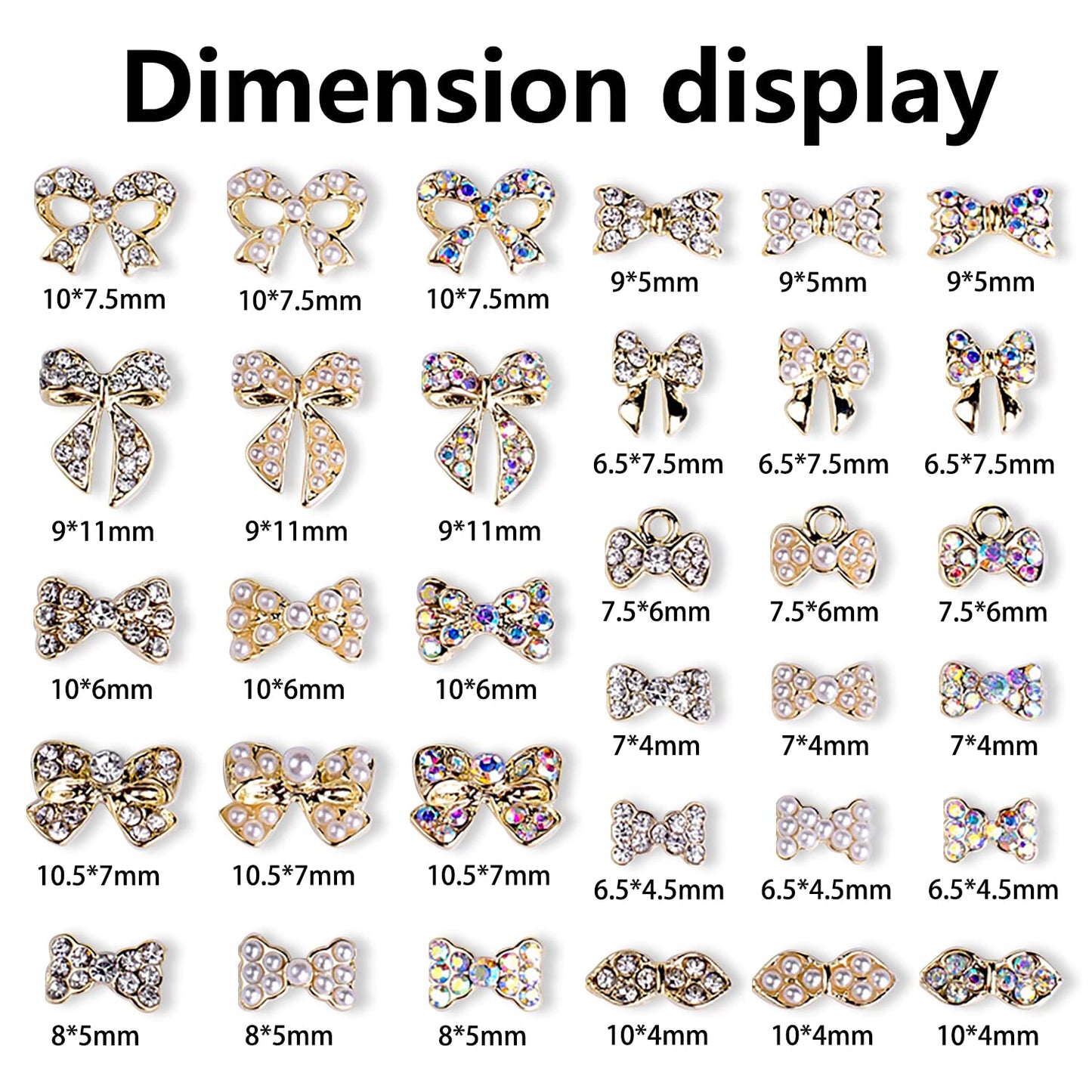 JERCLITY 33 Pieces Gold Alloy Bow Charms for Nails Bow Nail Charms Gems Bowknot Nail Studs Inlaid Pearl Clear Iridescent Rhinestone for Women Nail Art