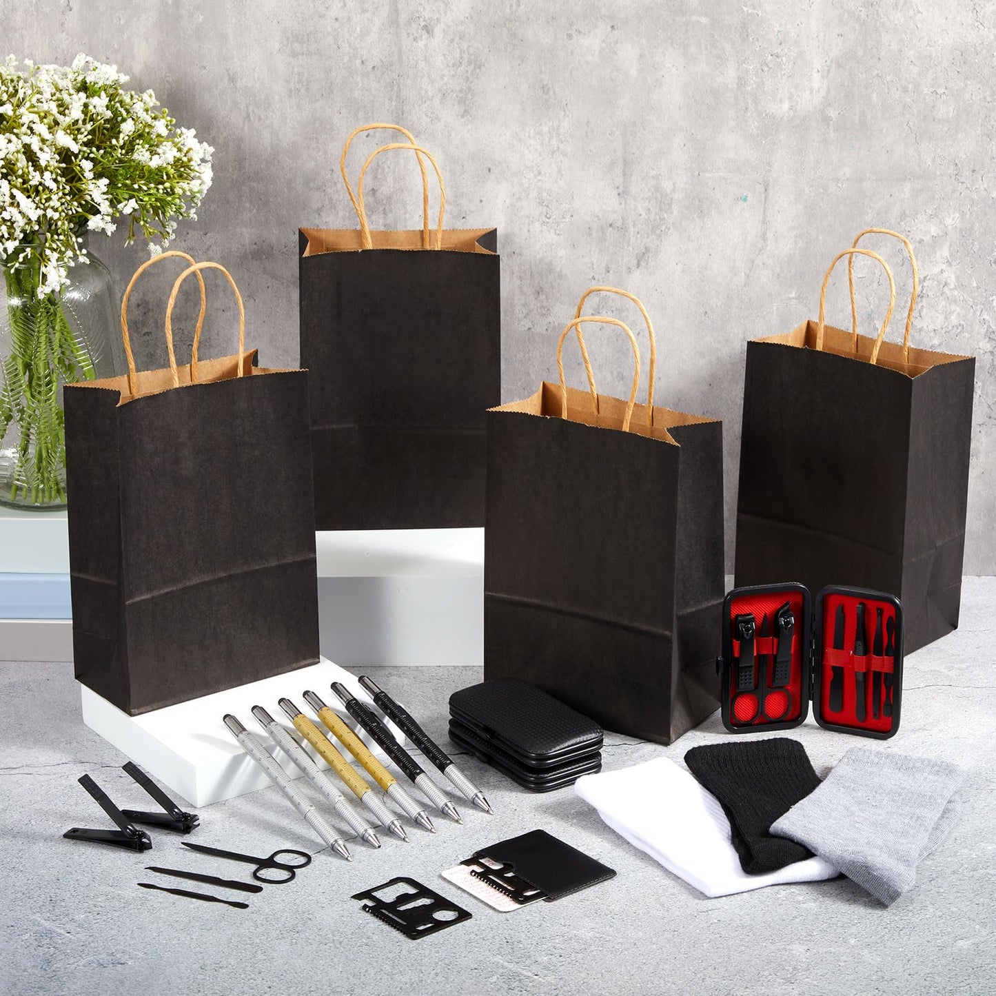 Leriton 6 Sets Baby Shower Game Prizes for Men Include Black Kraft Paper Gift Bags Manicure Kit Tools Socks Pens 11-in-1 Survival Card Tool for Men Husband Father(Black,White,Gray)