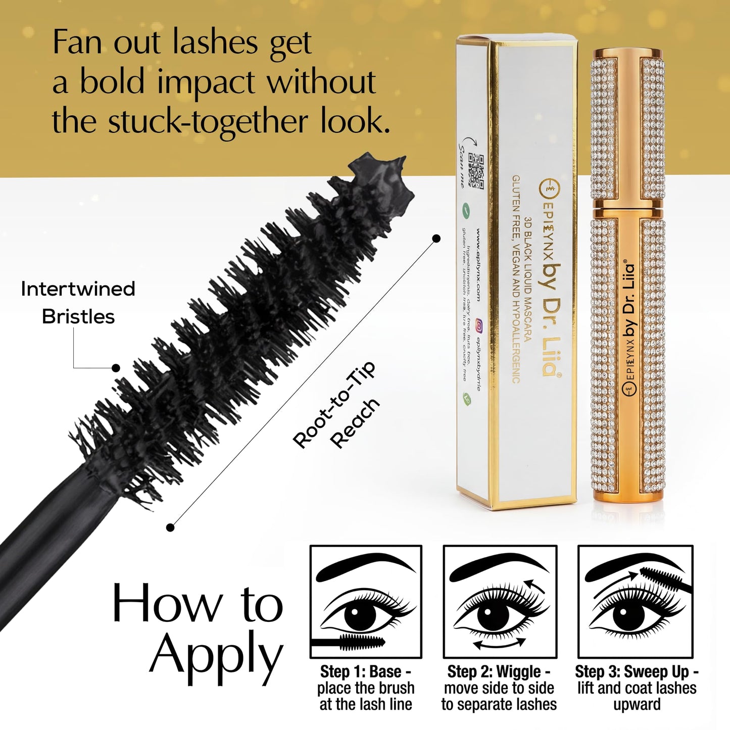 EpiLynx by Dr. Liia Volumizing Vegan Mascara – Lengthening Black Mascara for Bold, Defined Lashes, Smudge-Proof, Waterproof, Gluten-Free, Cruelty & Paraben-Free (Gold Diamond Case)