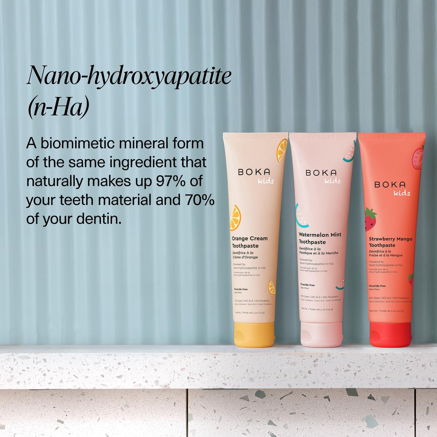 Boka Fluoride Free Toothpaste Nano Hydroxyapatite Toothpaste - Orange Cream, Watermelon Mint, Strawberry Mango Flavor, 4 oz 3Pk