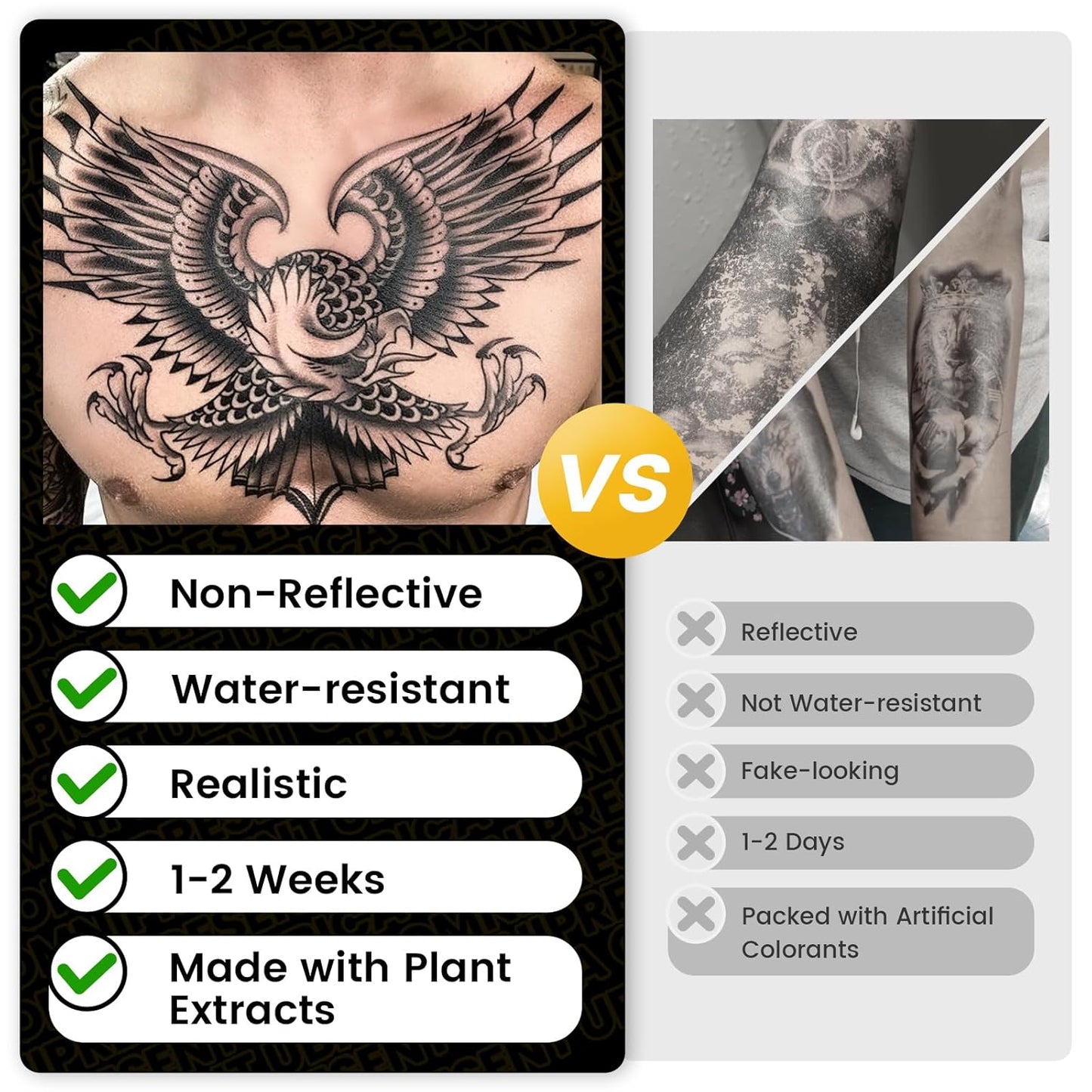 Realistic Semi-Permanent Tattoos - 2 Sheets for Men & Women | Waterproof Eagle Wing & Angel Flame Designs, Lasts 1-2 Weeks