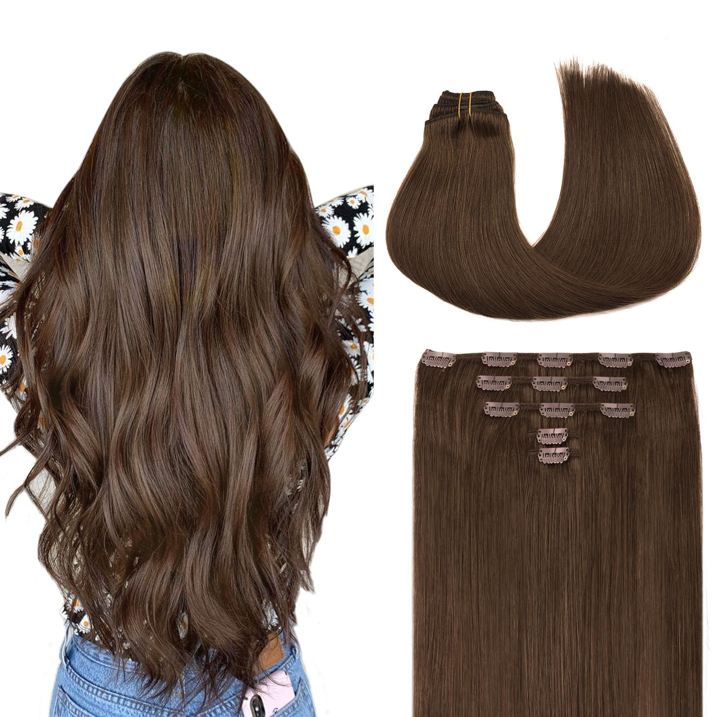 MAXITA Clip in Hair Extensions Real Human Hair,Remy Hair Extensions Clip ins Double Weft for Women,Natural Real Human Hair,16Inch 70g 5Pcs,Chocolate Brown