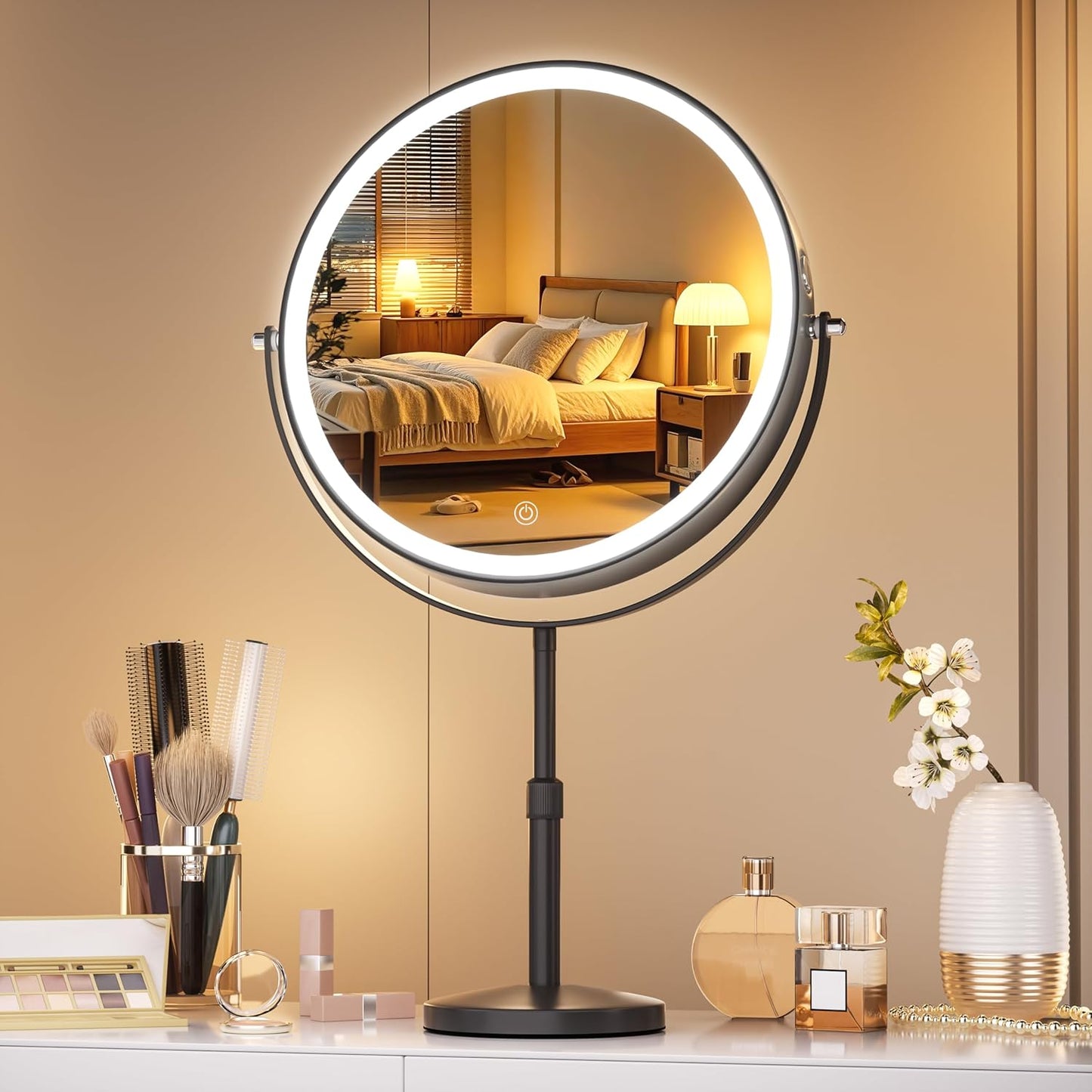 Lighted Makeup Mirror - 10-Inch Rechargeable Vanity Mirror with Magnification & Dimmable Brightness | 3 Lighting Modes, Adjustable Height, Black