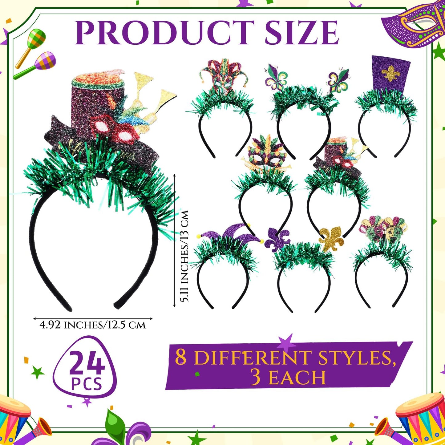 Hotop 24 Pcs Mardi Gras Party Favor Bulk 2026 Mardi Gras Carnival Headbands for Adult Women Party Decoration (Classic)