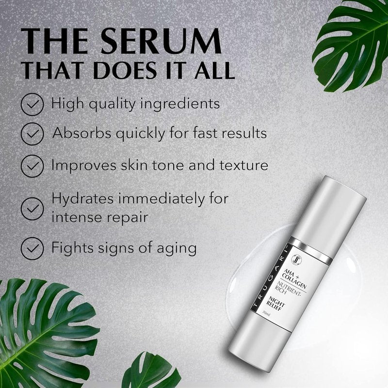 Facial Night Serum - AHA & Collagen Anti-Aging Formula with Vitamins C, B, E | Nutrient-Rich Skincare