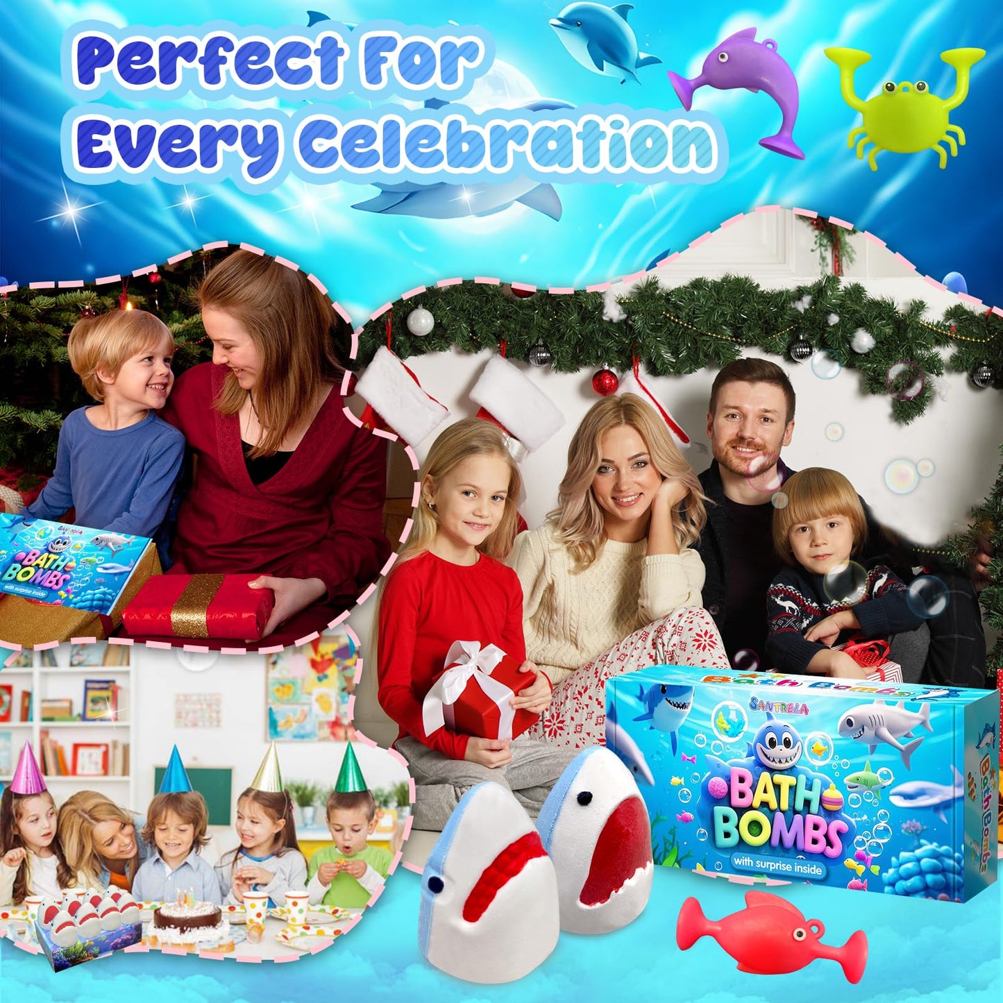 Shark Bath Bombs for Kids with Surprise Inside, 8 Pack Kids Bath Bombs, Easter Valentines Day Gift for Boys Girls, Bubble Fizzy Bath Ball with Sea Aninmals & 4 Suction Cup Toys, Easter Basket Stuffers