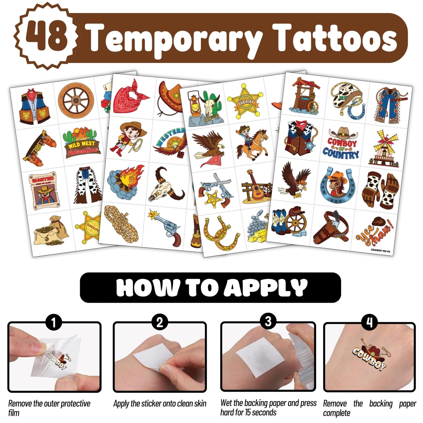 72 PCS Cowboy Party Favors for Kids – 48 Pre-Cut Temporary Tattoos & 24 Cowboy Punch Balloons Themed Birthday Party Decorations Supplies Favors Gifts, Goodie Bag Fillers, Classroom Rewards