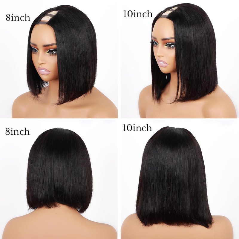 U Part Wig Human Hair - 12A Straight Bobo Wig, 180% Density | Beginner Friendly, 8-Inch, No Glue, Clip-In