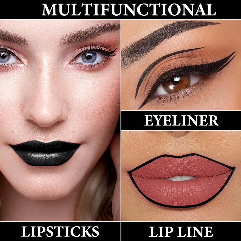 LZYLLS 2 Pcs Lip Liner and Lipstick Set,Pigmented Velvet Lipgloss Kit Black Matte Lipstick Lip Liner Set,Waterproof Black Lip Gloss Stain Liquid Lipstick Set Cosplay Halloween Goth Makeup Gift Kit