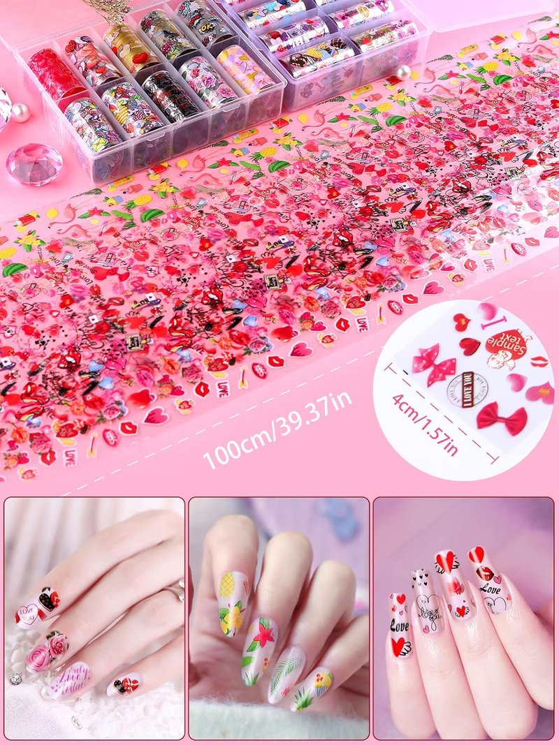Colorful Nail Foil Decals - 30 Rolls of Valentine's Day Transfer Stickers | Heart, Flower & Lips Designs for DIY Nail Art