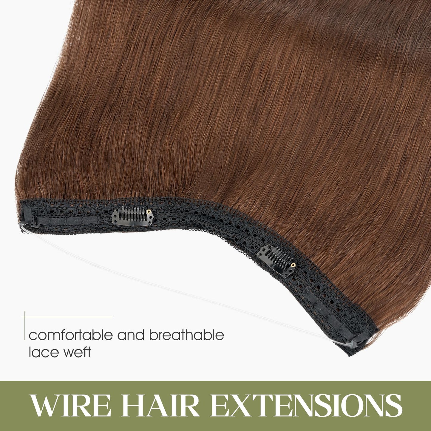 Charites Halo Hair Extensions Real Human Hair Invisible Wire Extensions with Transparent Fish Line Adjustable Size Medium Brown 12 inch