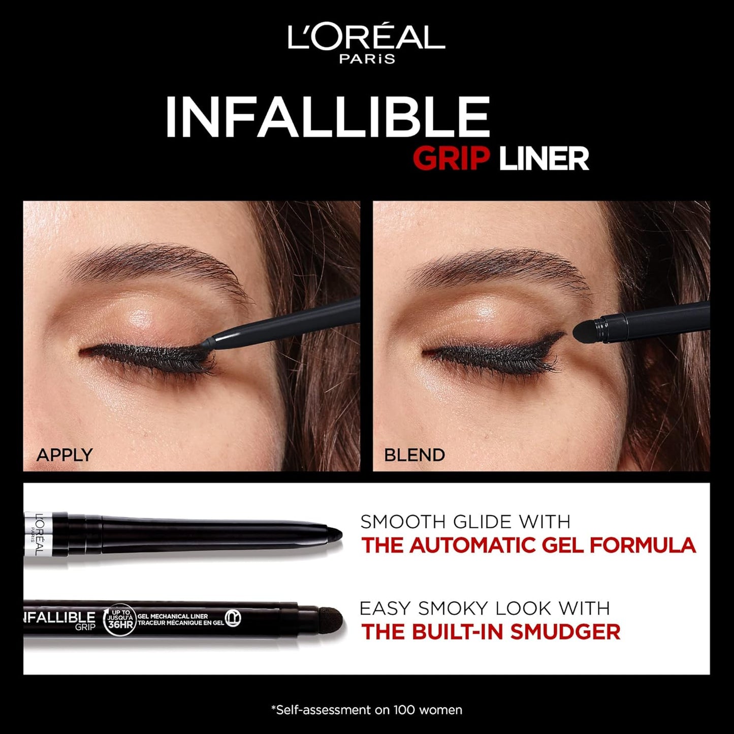 L'Oreal Paris Infallible Grip Eyeliner Pencil - Waterproof, Smudge-Resistant, Intense Black | 0.01 Oz, 36HR Wear