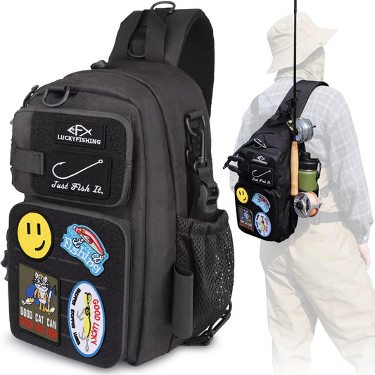 LUCKYFISHING Fishing Backpack - Lightweight Fly Fishing Sling Bag with 6PCS Hook Style DIY Embroidery Patches